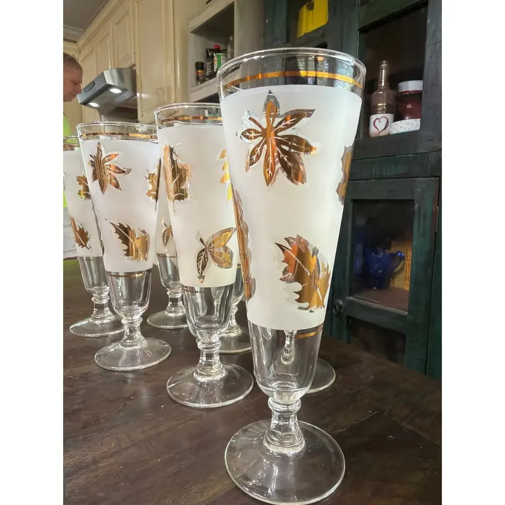 MCM Vintage 1960s Libbey Frosted Tom Collins Glass Gold Foliage Pattern 7
